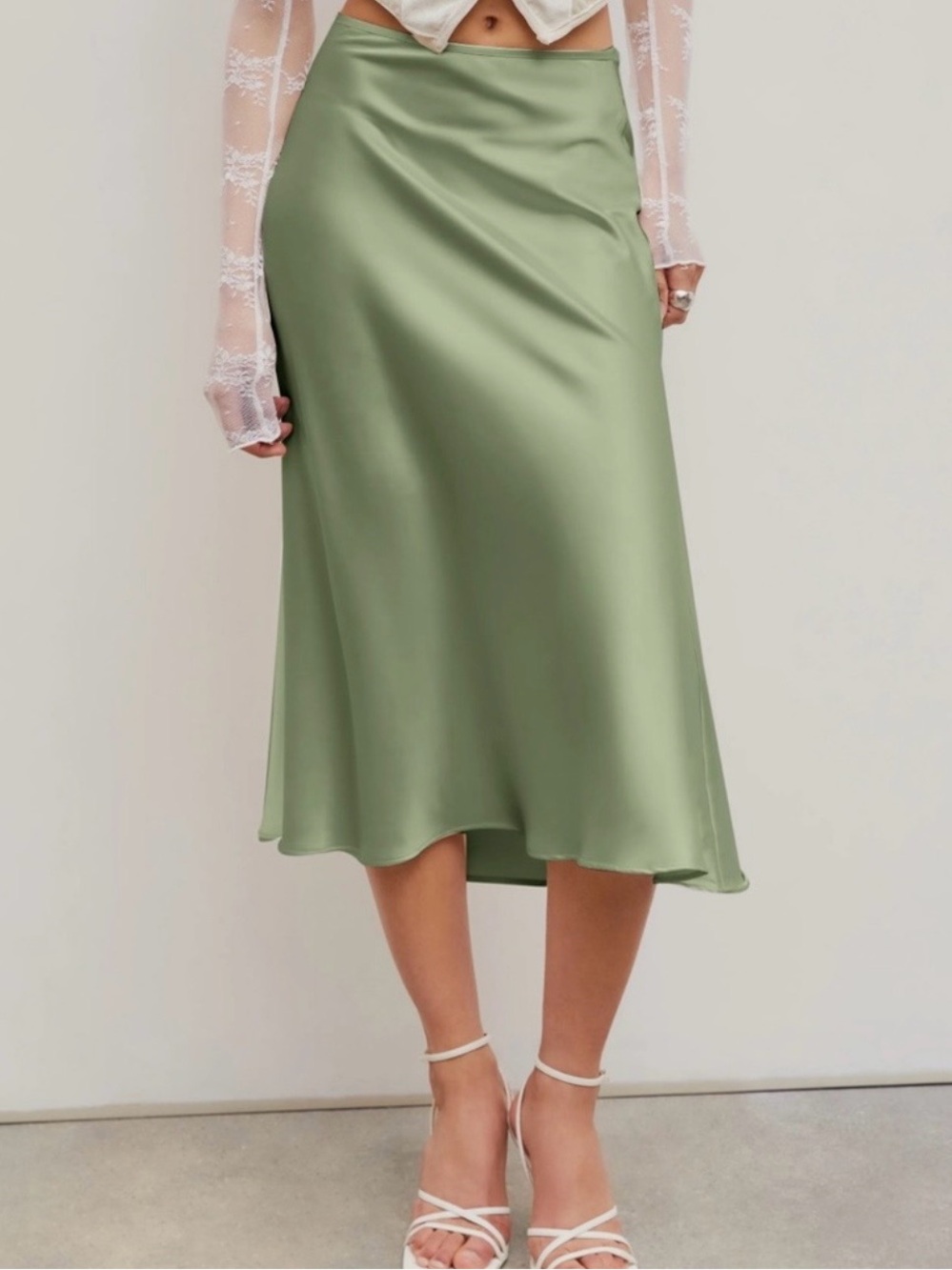 Satin Olive Green Midi Slip Skirt